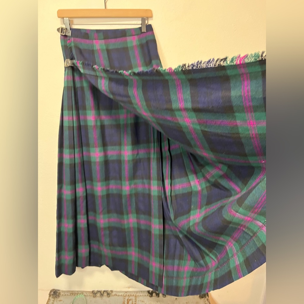 Vintage Scottish Wool Tartan Wrap Kilt Plaid Maxi Skirt with Buckle Detail - Picture 3 of 16